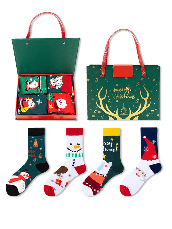 New Santa Claus Snowman Cartoon Cotton Socks Christmas Socks 4 Pairs Christmas Socks Gift Box Set