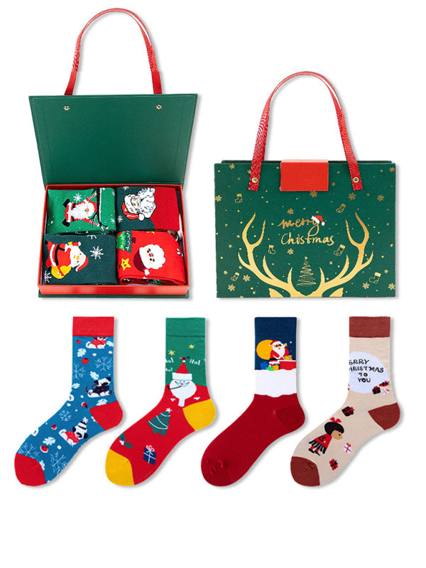 New Santa Claus Snowman Cartoon Cotton Socks Christmas Socks 4 Pairs Christmas Socks Gift Box Set