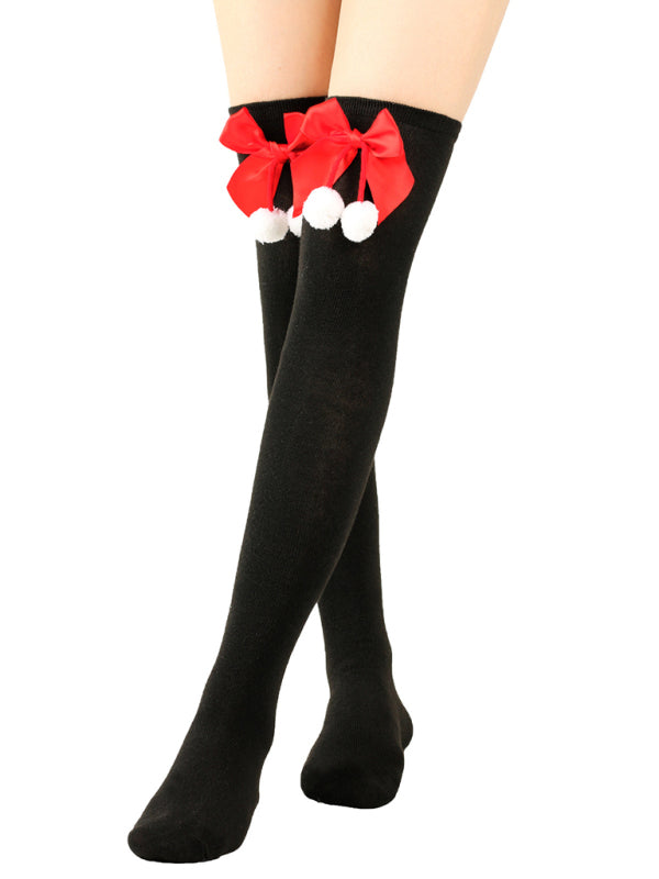 New bow Christmas socks ball socks over the knee socks women's long Christmas striped stockings