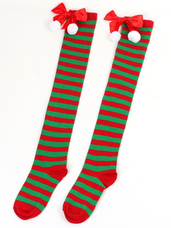 New bow Christmas socks ball socks over the knee socks women's long Christmas striped stockings