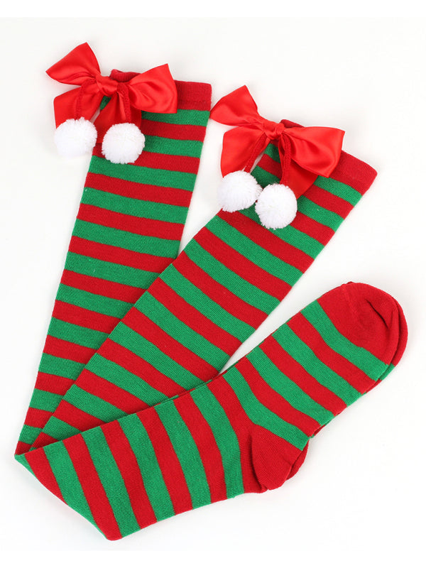 New bow Christmas socks ball socks over the knee socks women's long Christmas striped stockings