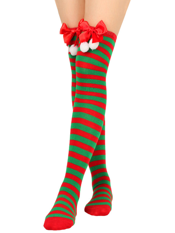 New bow Christmas socks ball socks over the knee socks women's long Christmas striped stockings