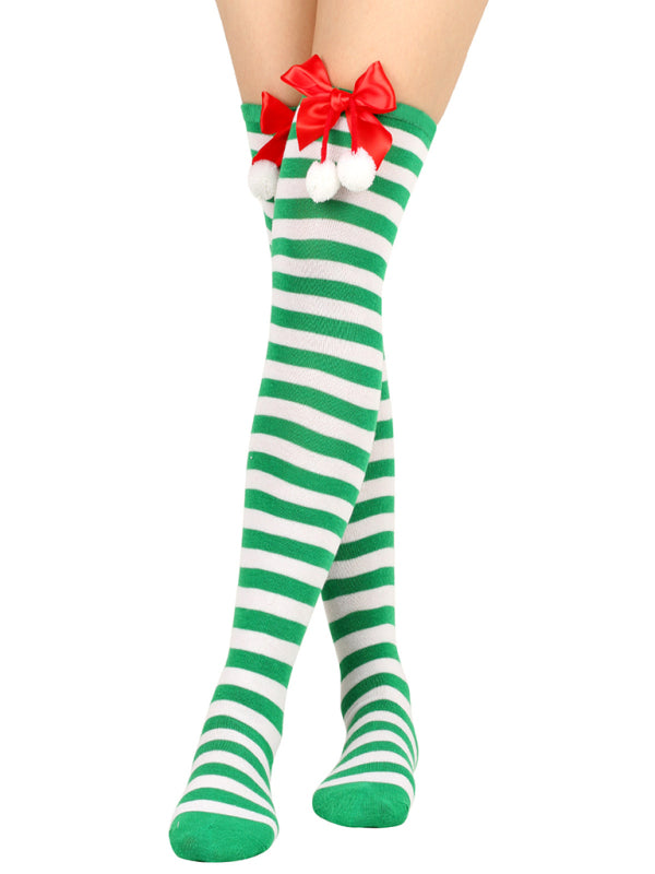 New bow Christmas socks ball socks over the knee socks women's long Christmas striped stockings