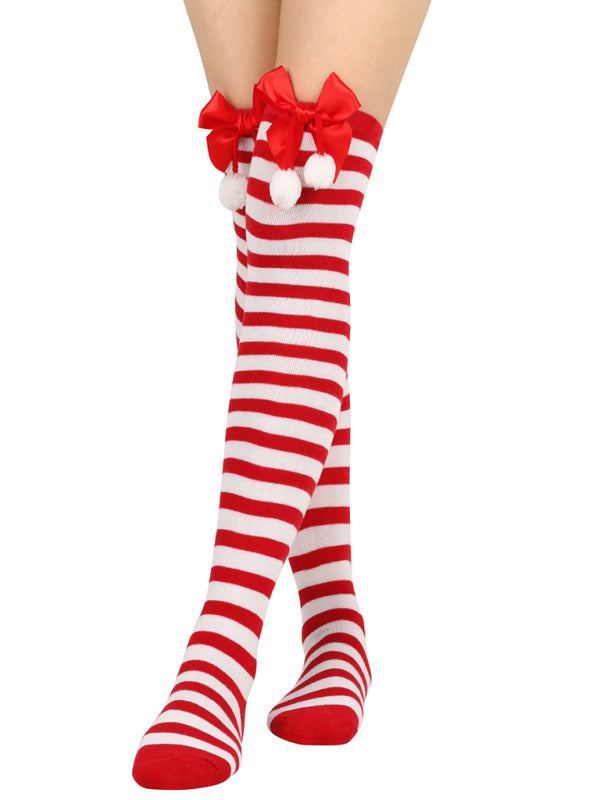 New bow Christmas socks ball socks over the knee socks women's long Christmas striped stockings