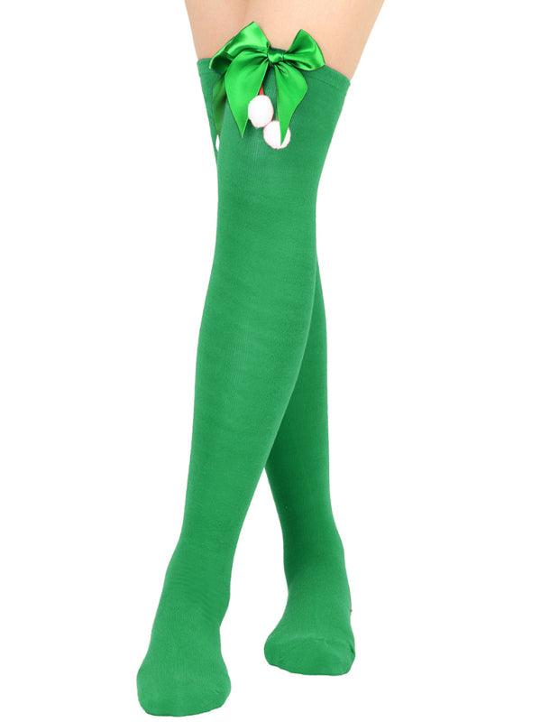 New bow Christmas socks ball socks over the knee socks women's long Christmas striped stockings