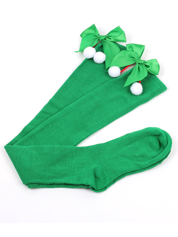 New bow Christmas socks ball socks over the knee socks women's long Christmas striped stockings