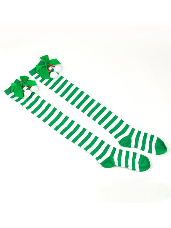 New bow Christmas socks ball socks over the knee socks women's long Christmas striped stockings