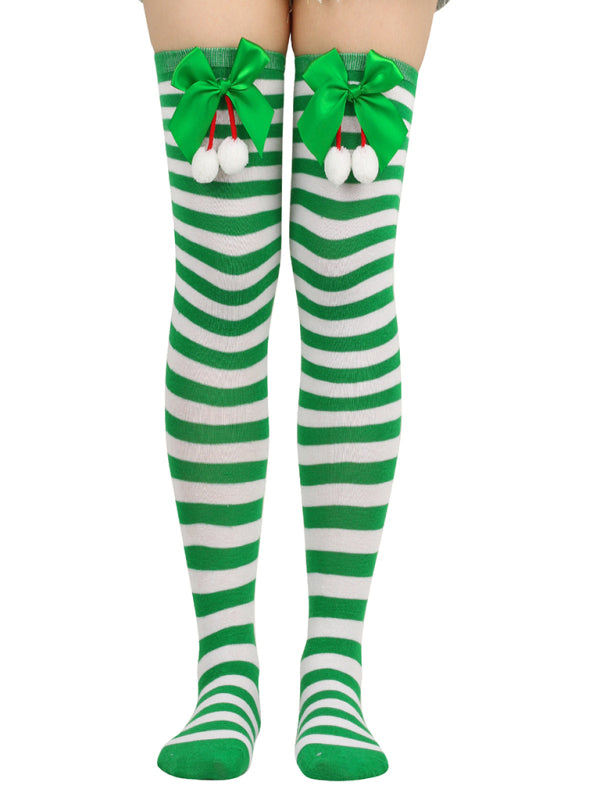 New bow Christmas socks ball socks over the knee socks women's long Christmas striped stockings