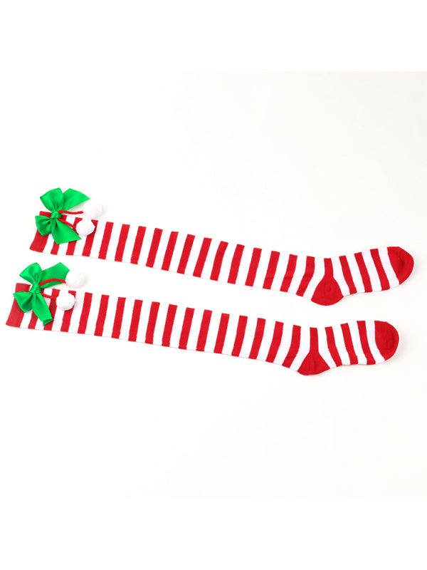 New bow Christmas socks ball socks over the knee socks women's long Christmas striped stockings