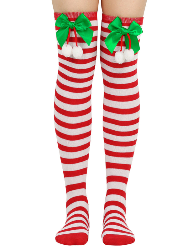 New bow Christmas socks ball socks over the knee socks women's long Christmas striped stockings