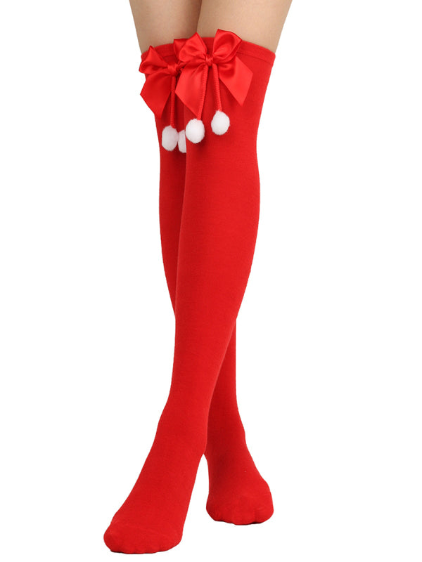 New bow Christmas socks ball socks over the knee socks women's long Christmas striped stockings