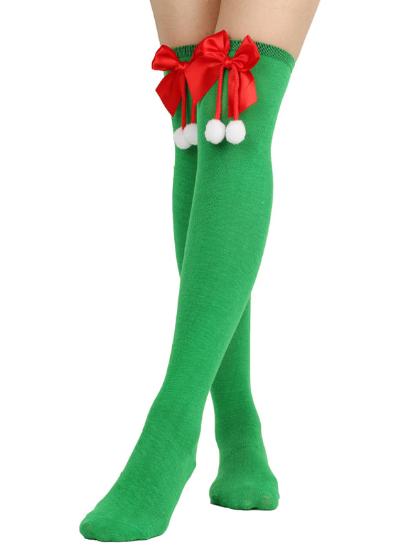 New bow Christmas socks ball socks over the knee socks women's long Christmas striped stockings