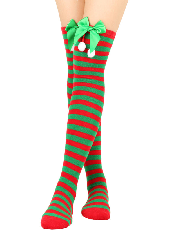 New bow Christmas socks ball socks over the knee socks women's long Christmas striped stockings