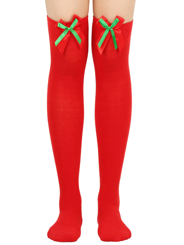 New bow Christmas socks ball socks over the knee socks women's long Christmas striped stockings