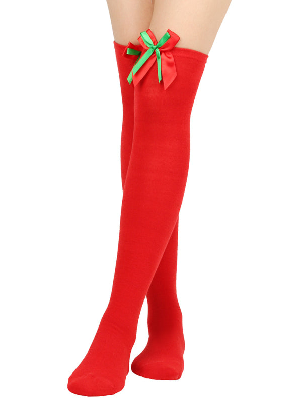 New bow Christmas socks ball socks over the knee socks women's long Christmas striped stockings