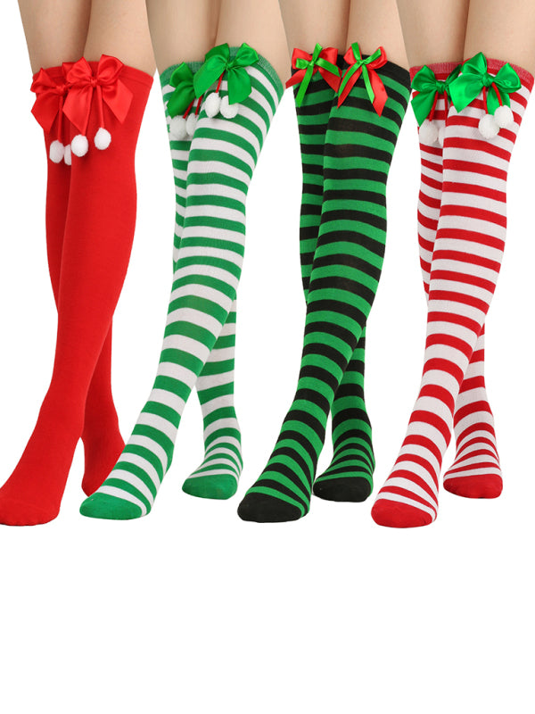 New bow Christmas socks ball socks over the knee socks women's long Christmas striped stockings