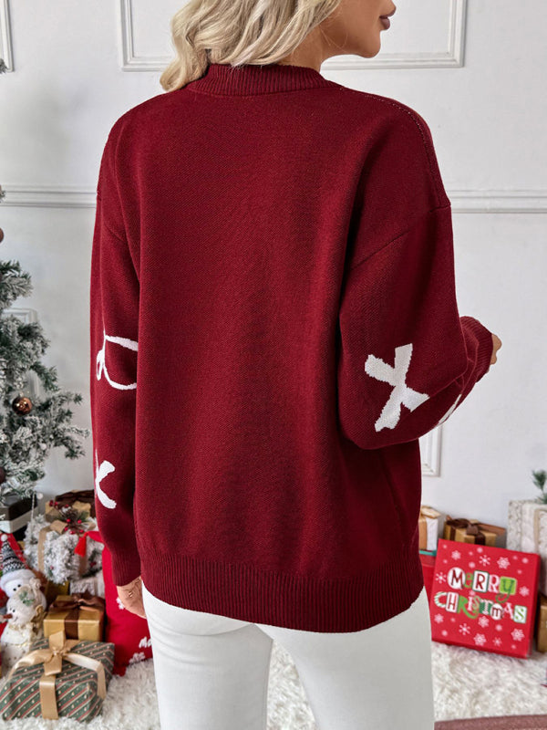 Christmas style sweet round neck bow jacquard sweater